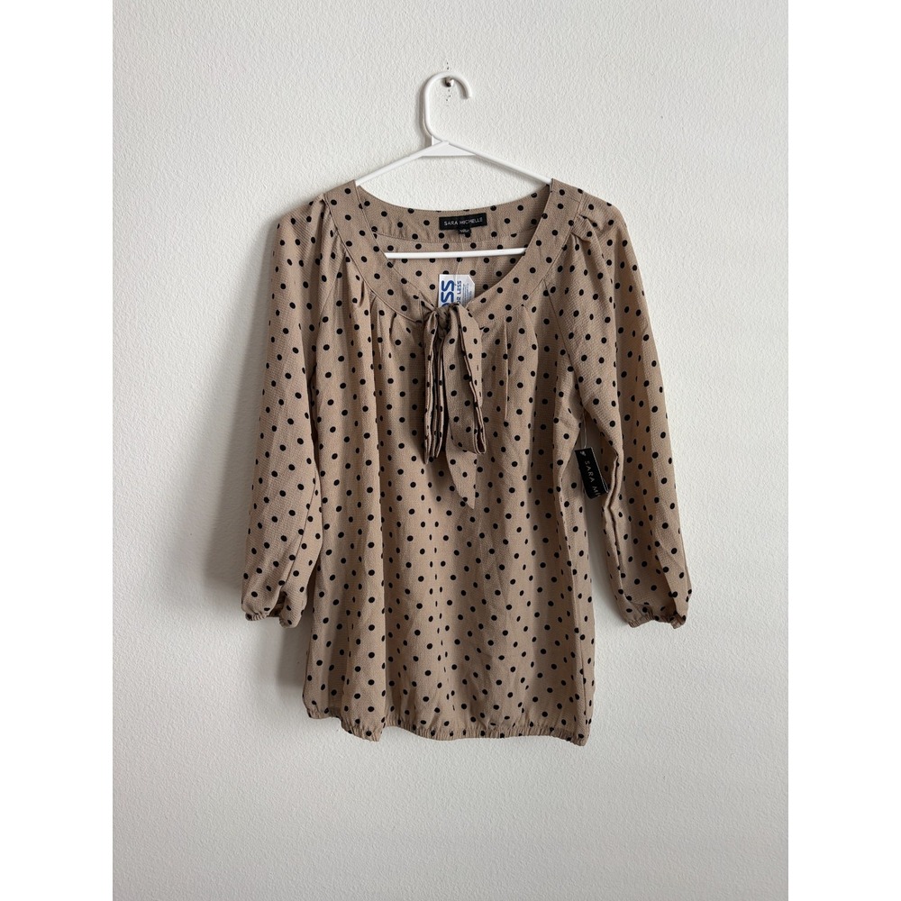 Sara Michelle Blouse Top Womens S Tan Polka Dot Scoop Neck Tie Front 3/4 Sleeve